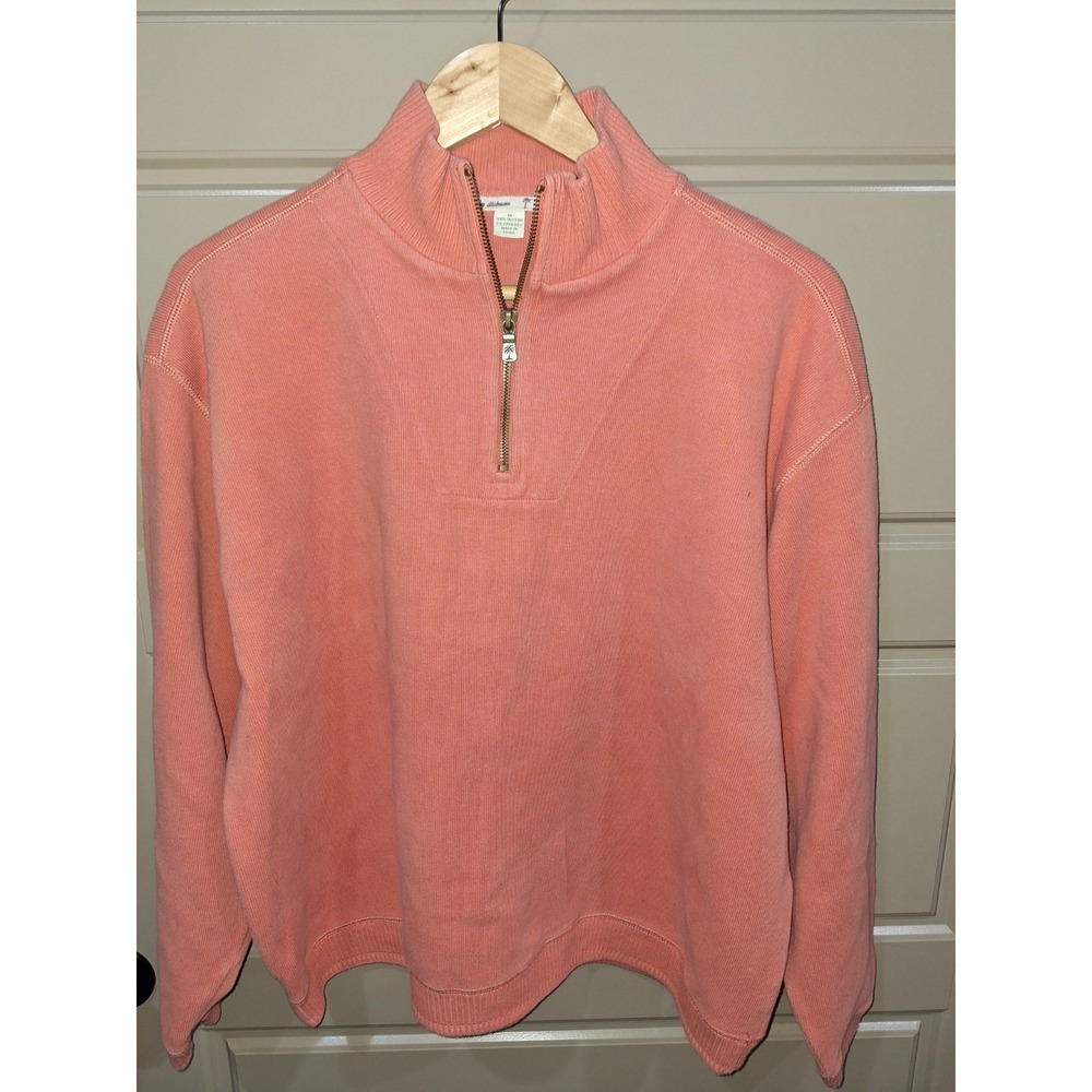 Tommy Bahama Sweater Mens M Long Sleeve  Peach/ Coral 1/4 Zip 98% Cotton 2%spand